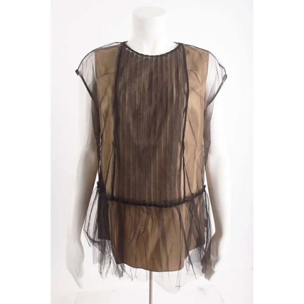 Brunello Cucinelli Women Tulle Overlay Peplum Blouse Top Shirt L Black Brown NWT